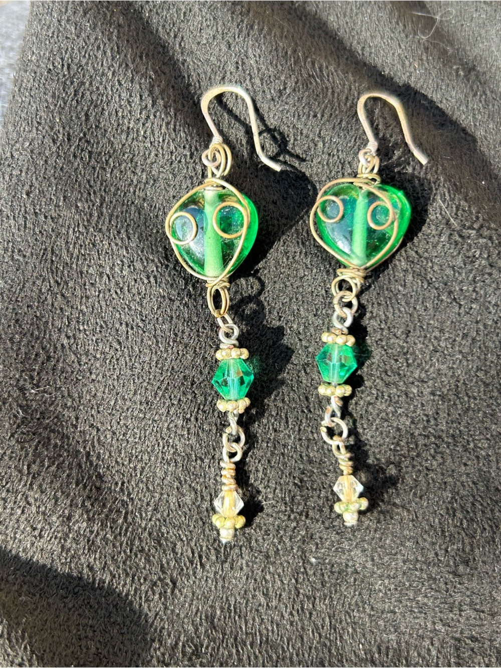 Handcrafted Green Glass Bead Drop Earrings - Unbranded